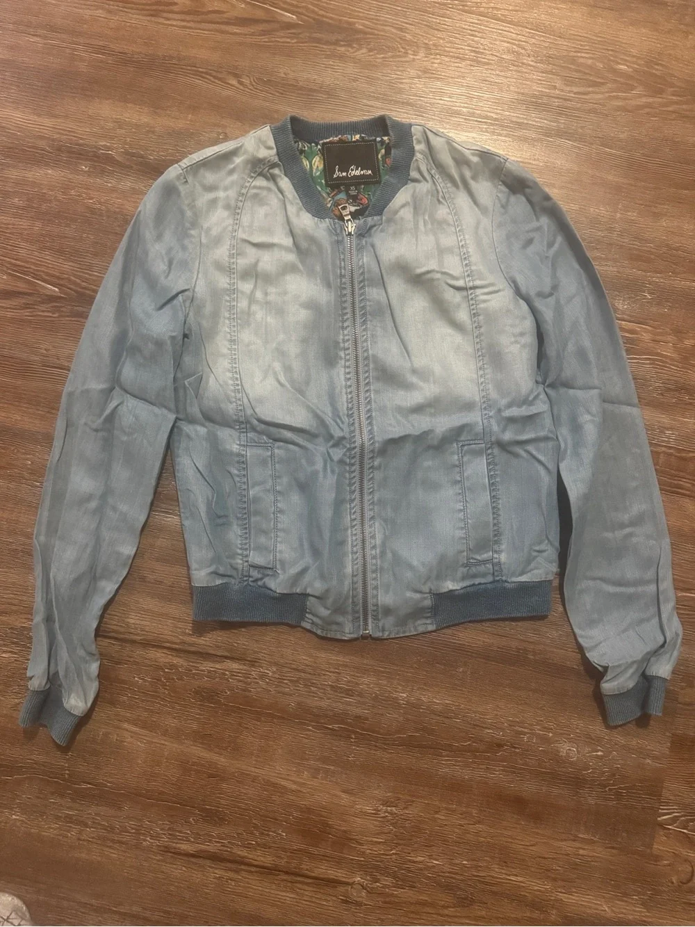 Sam Edelman Light Blue Denim-Style Bomber Jacket with Colorful Lining